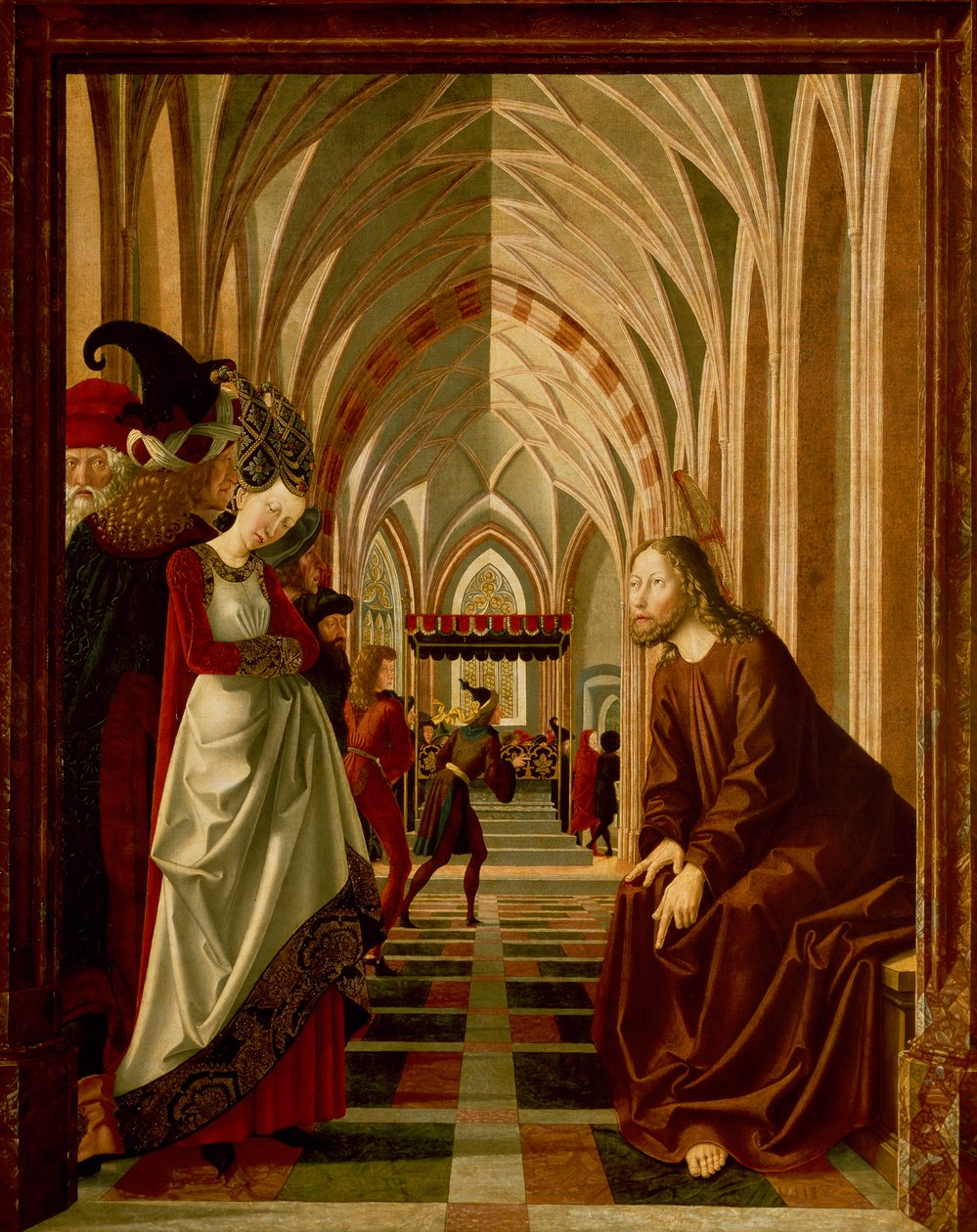 Kristus och den äktenskapsbrytande kvinnan, tavla från berättelser om Kristus, St Wolfgang-altaruppsatsen av Michael Pacher