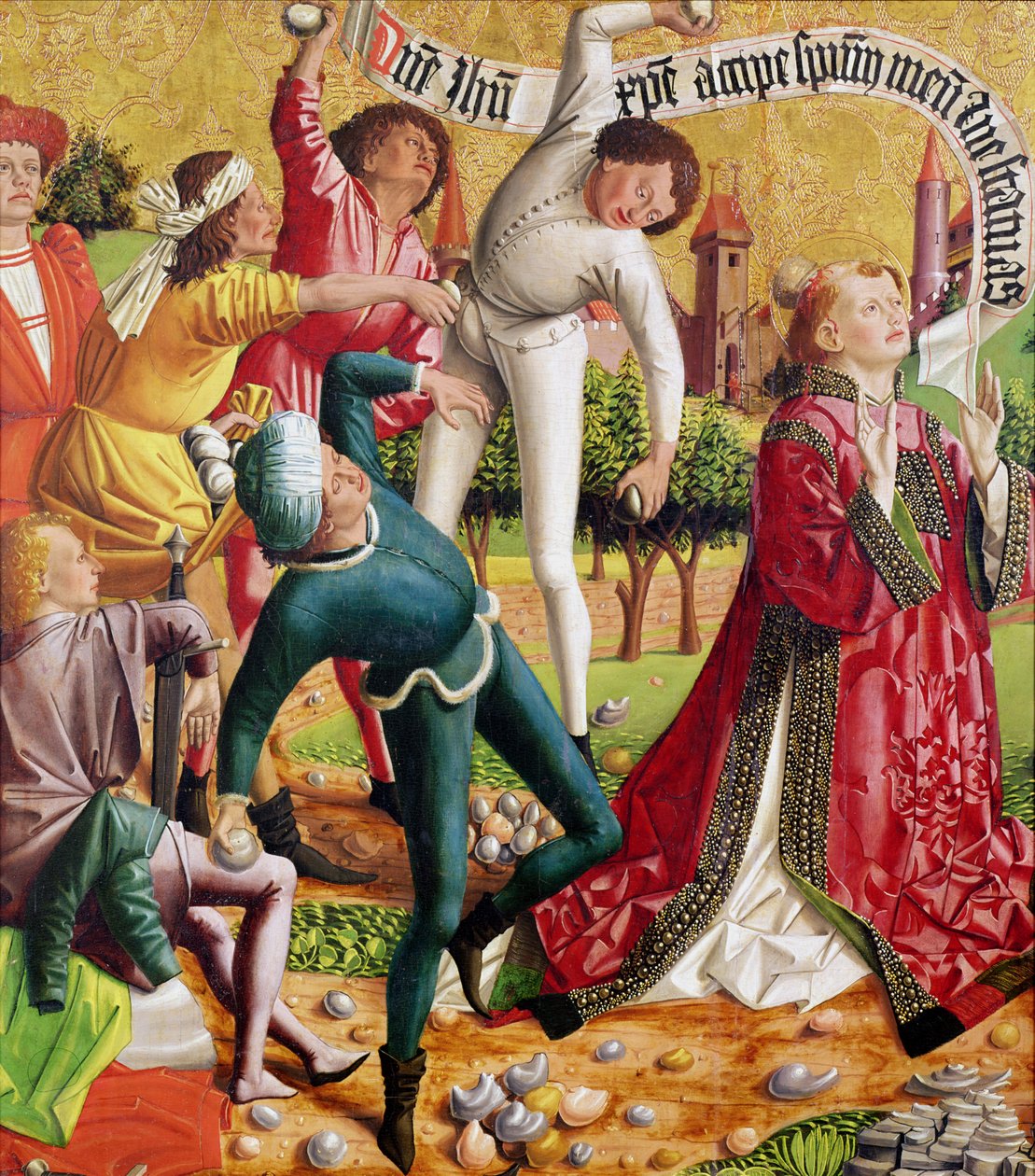 Steningen av St. Stefan, från altartavlan av St. Stefan, c.1470 av Michael Pacher