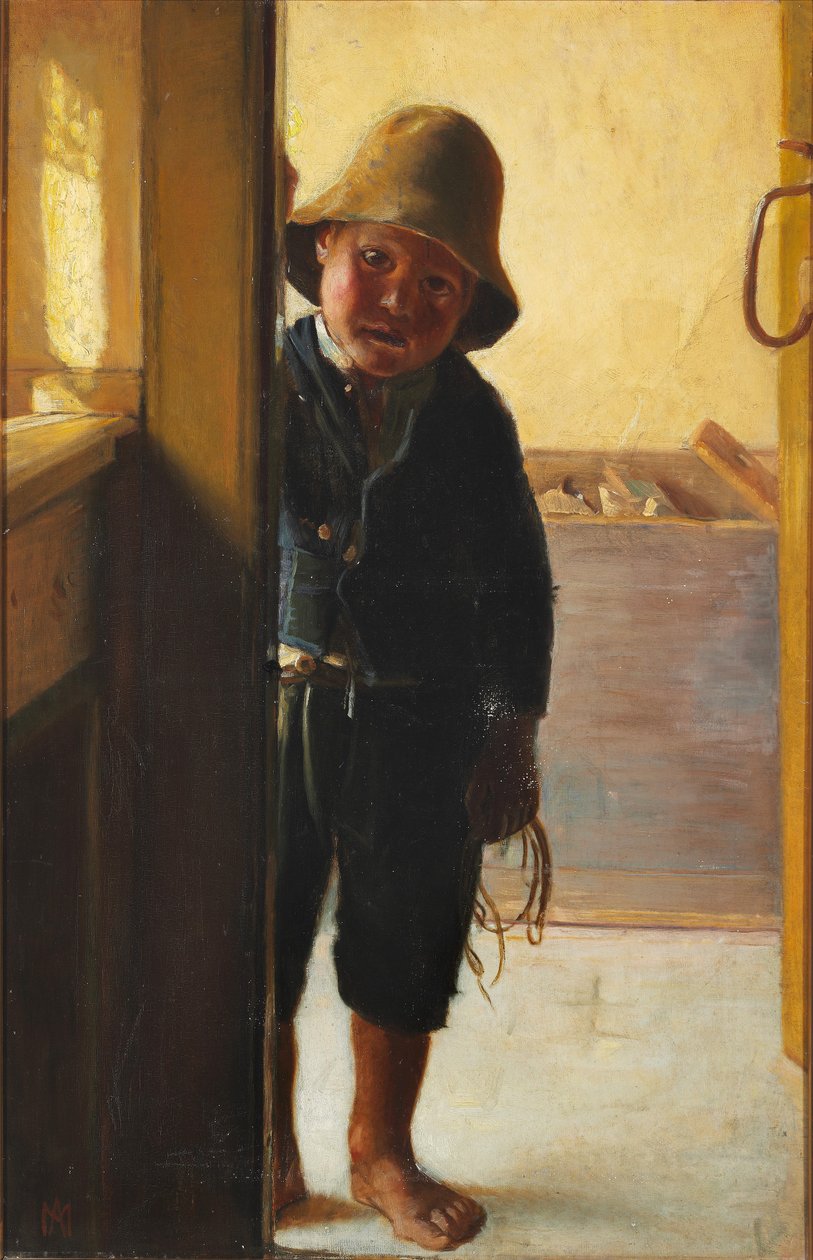 En fiskares son tittar genom en dörröppning. av Michael Peter Ancher