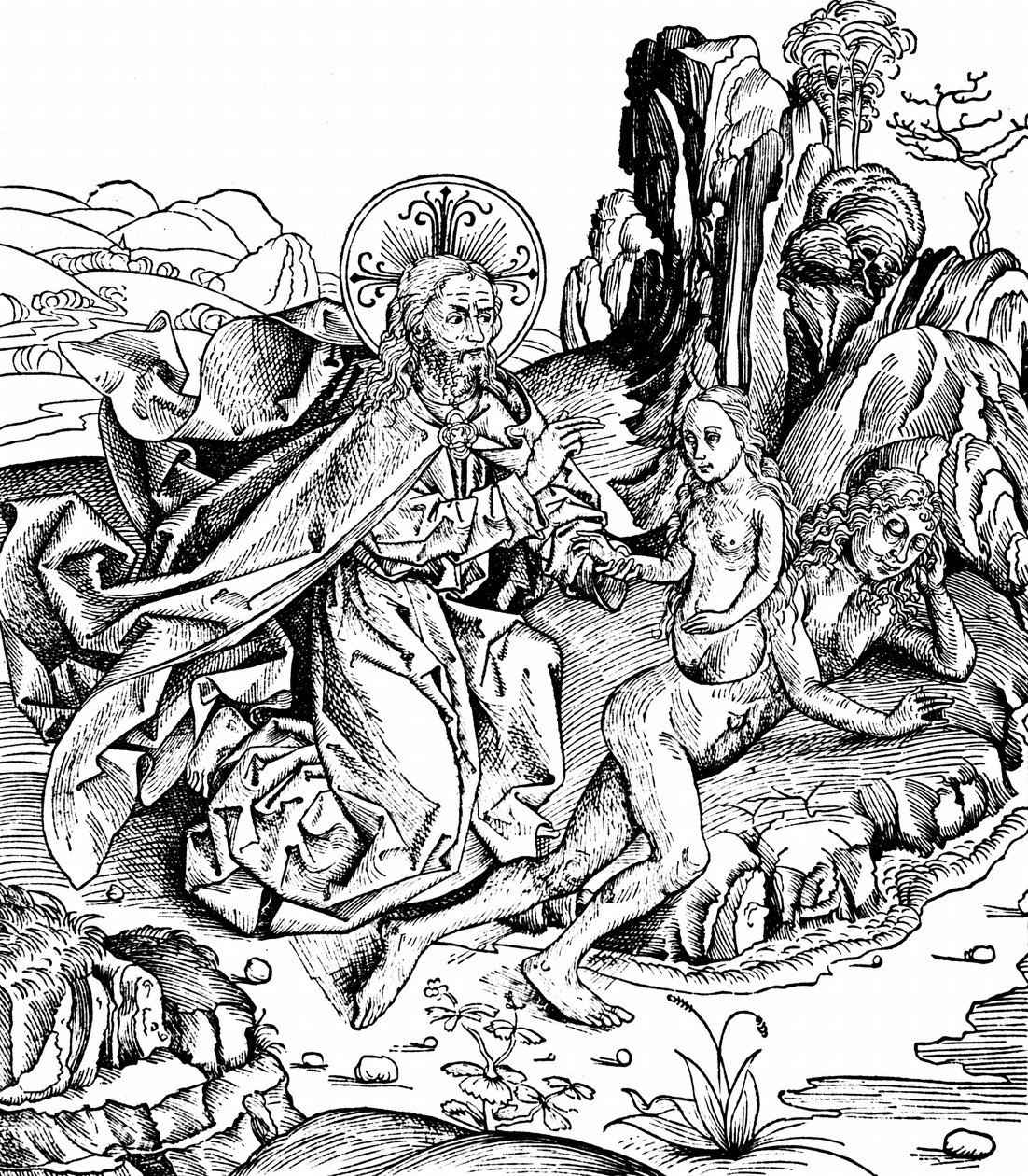 Efter att ha skapat universum, jorden och alla levande varelser, inklusive människan, försatte Gud Adam i en djup sömn och skapade Eva från Adams revben. Från Hartmann Schedel Liber chronicarum mundi av Michael & Pleydenwurff W. (d.1494) Wolgemuth