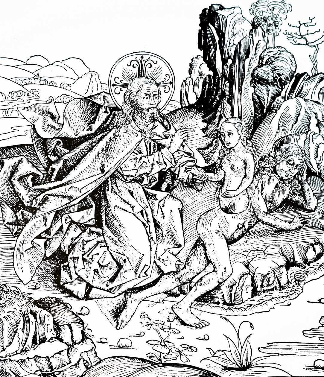 Skapelsen av Adam och Eva ur Nürnbergkrönikan av Michael & Pleydenwurff W. (d.1494) Wolgemuth