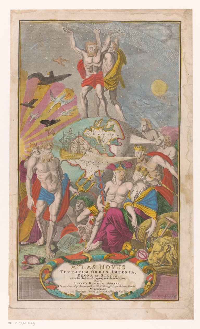 Atlas en Hercules bär sternerhemel Titelsida för: Johann Baptista Homann, Atlas Novus Terrarum Orbis Imperia, Regna et Status Exacte Tabulis Geographicè Demonstrants, 1729 av Michael Rössler