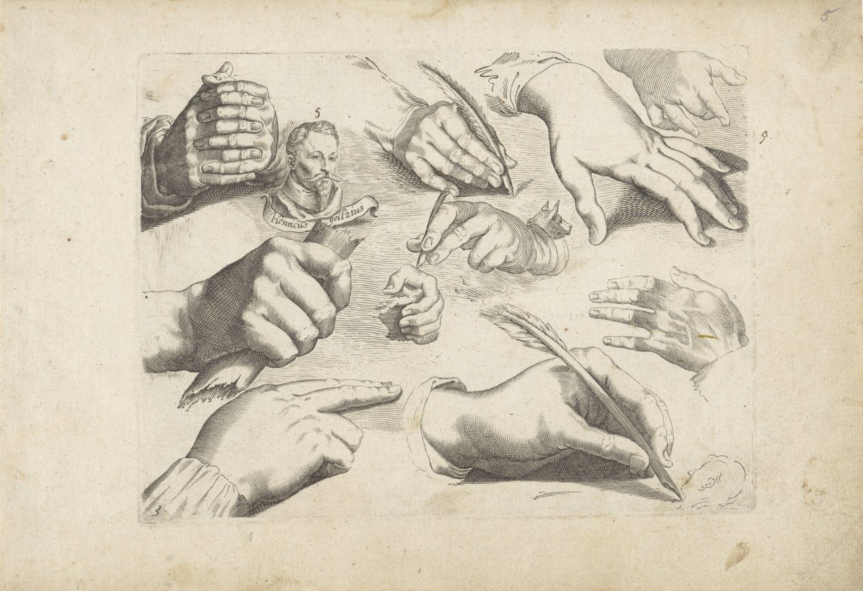 Studieblad med teckningsexempel: händer och porträtt av Hendrick Goltzius av Michael Snijders