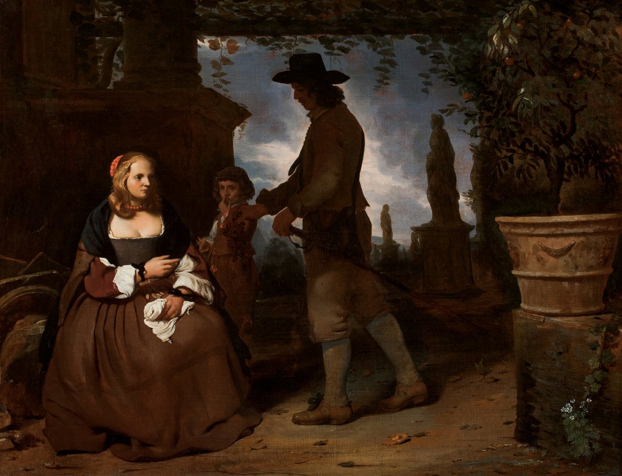Ett ungt par och en pojke i en trädgård, ca 1650 (olja på duk) av Michael Sweerts