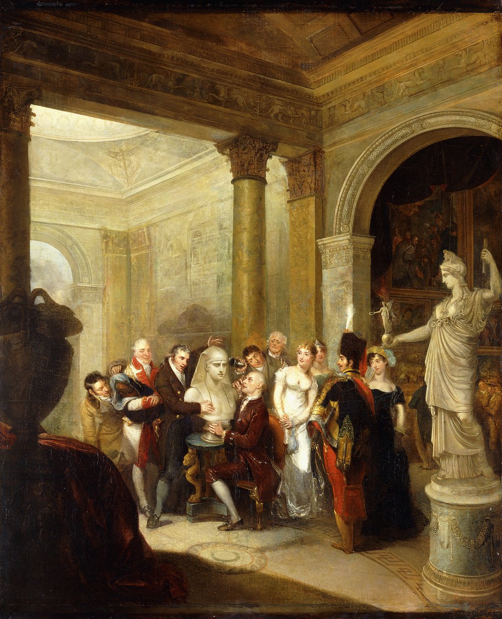 En Capriccio-interiör med en grupp damer och herrar som undersöker en byst av Antinous, med Hope Athene och ett bildgalleri bortom till höger; en kupolformad salong till vänster, 1811 av Michael William Sharp