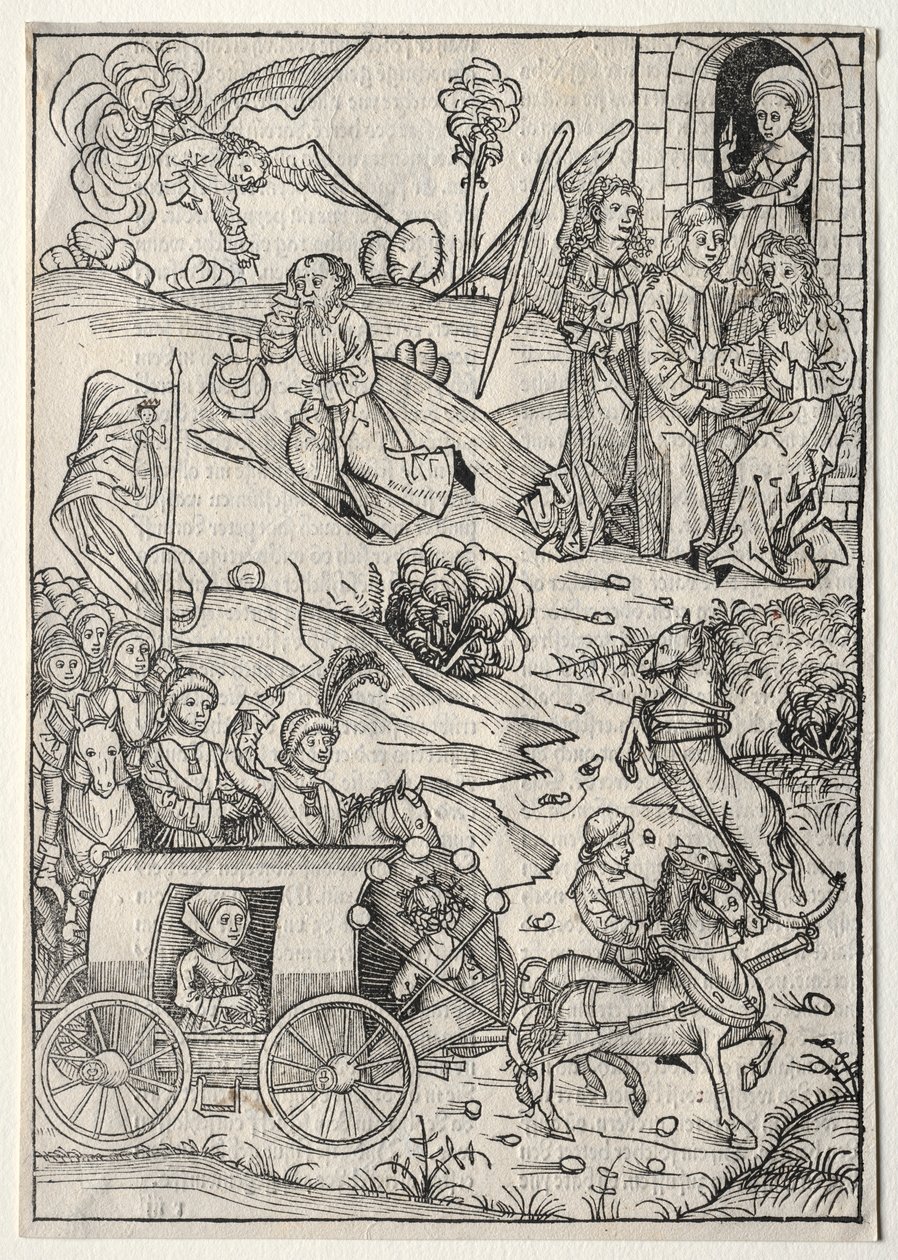 Der Schatzbehalter: The Return of Tobias to Tobit, The Arrival of Tobias Wife..., 1491. av Michael Wolgemut