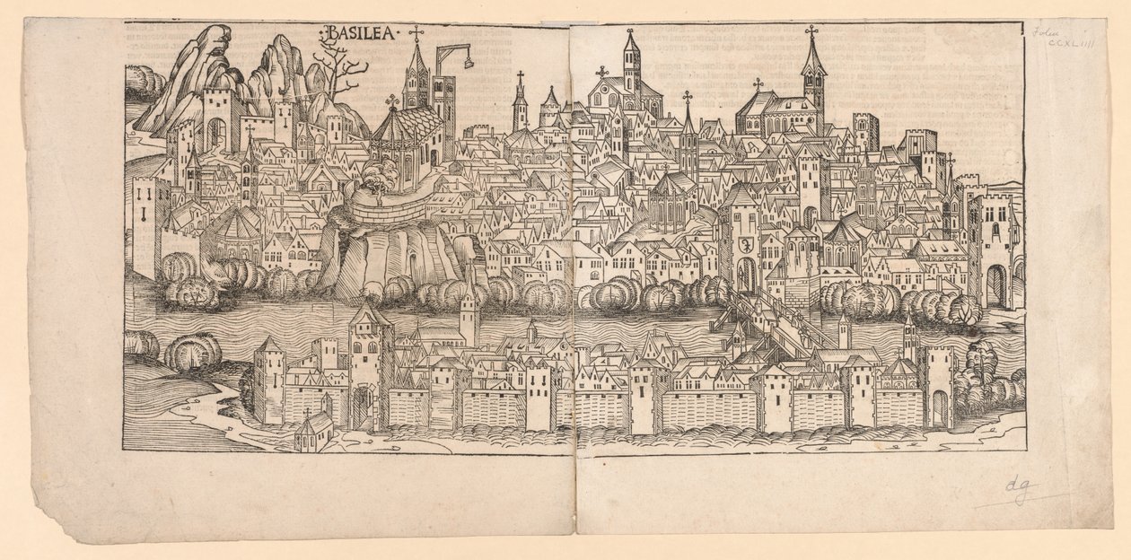Nürnbergkrönika: Topografisk vy av Basel, Schweiz av Michael Wolgemut