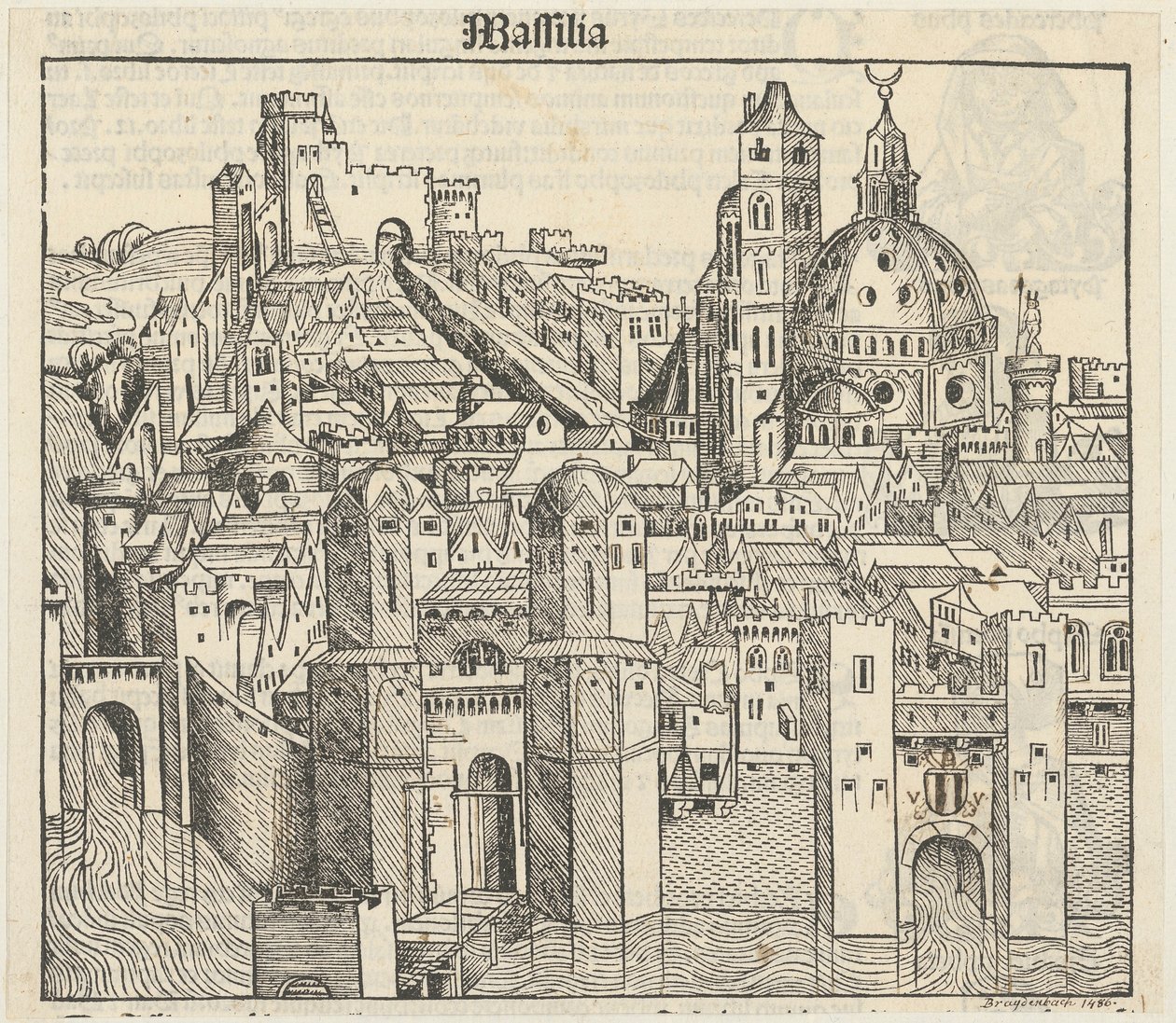 Phantasieansicht der Stadt Marseille [recto], drei Porträts (Phereades, Pythagoras und Sappho) [verso] av Michael Wolgemut