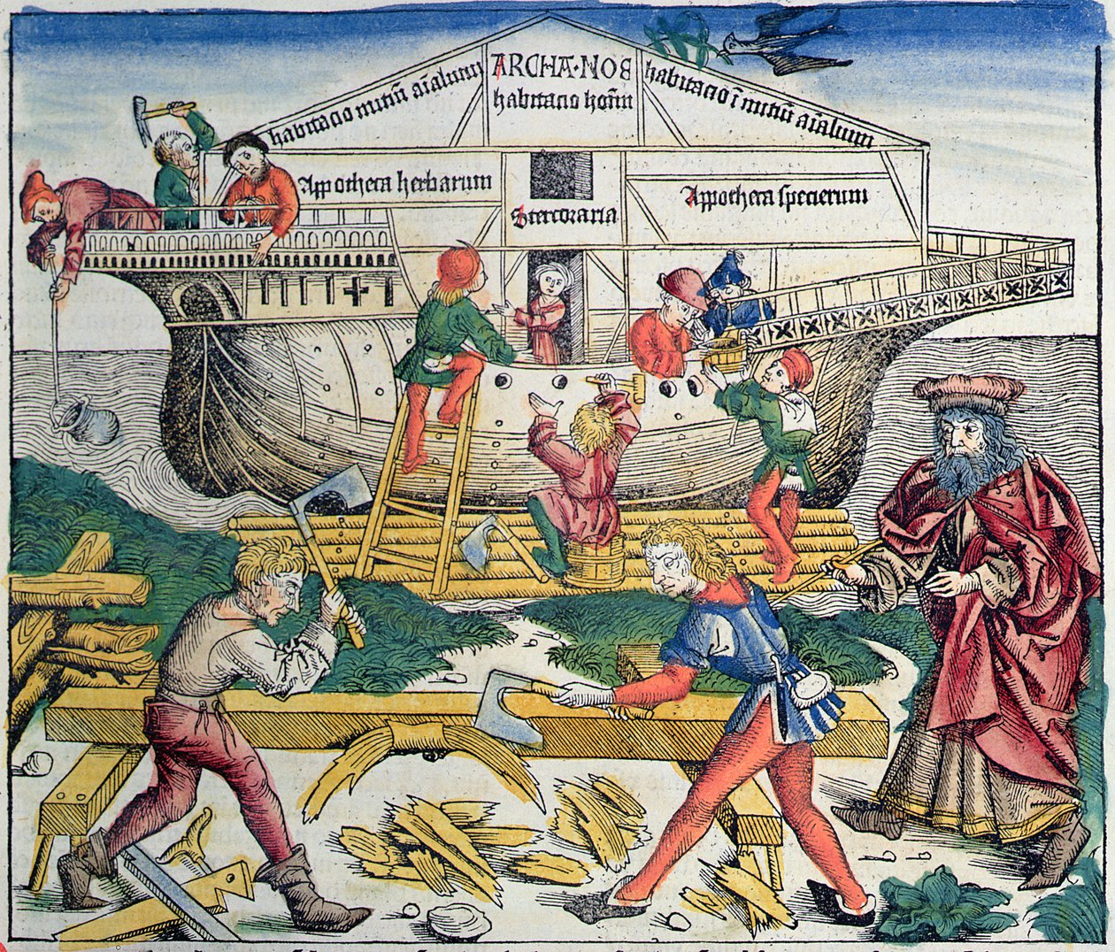 Byggandet av Noaks ark, ur Nürnbergkrönikan av Hartmann Schedel, 1493 (träsnitt i färg) av Michael Wolgemut