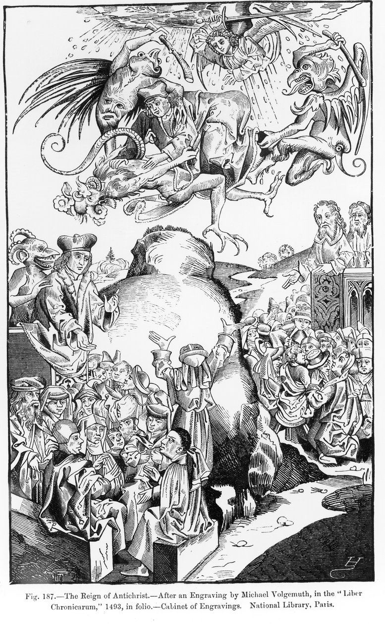 The Reign of Antichrist, från Liber Chronicarum, publicerad 1493, illustration från, Science and Literature in the Middle Ages and Renaissance, skriven och graverad av Paul Lacroix, 1878 (gravyr av Michael Wolgemut