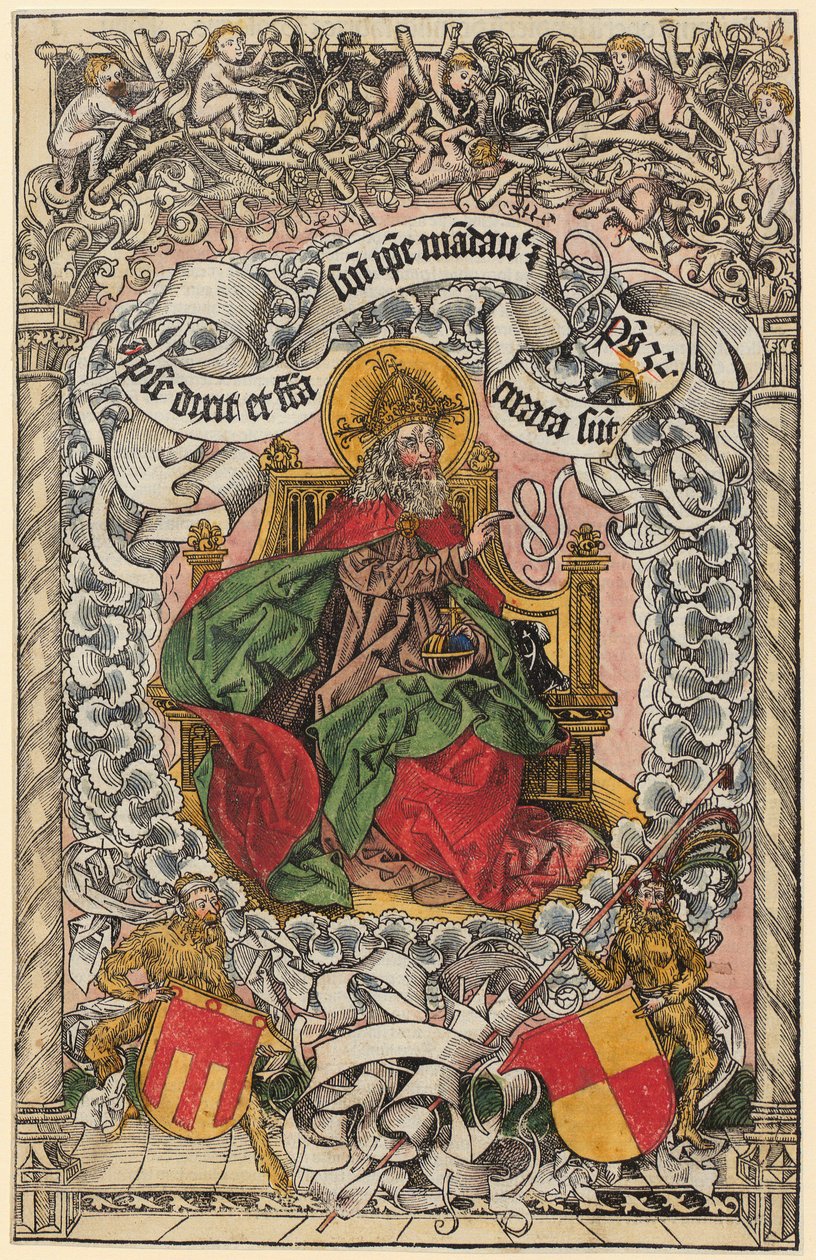 Titelholzschnitt mit Gottvater auf dem himmlischen Thron, die Hand segnend erhoben av Michael Wolgemut