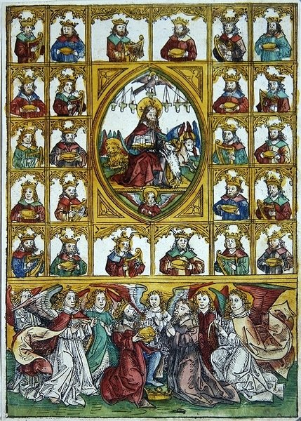 Jesus omgiven av de fyra evangelisternas symboler och många kungar som bär harpor och guldkoppar. av Michael Wolgemut or Wolgemuth