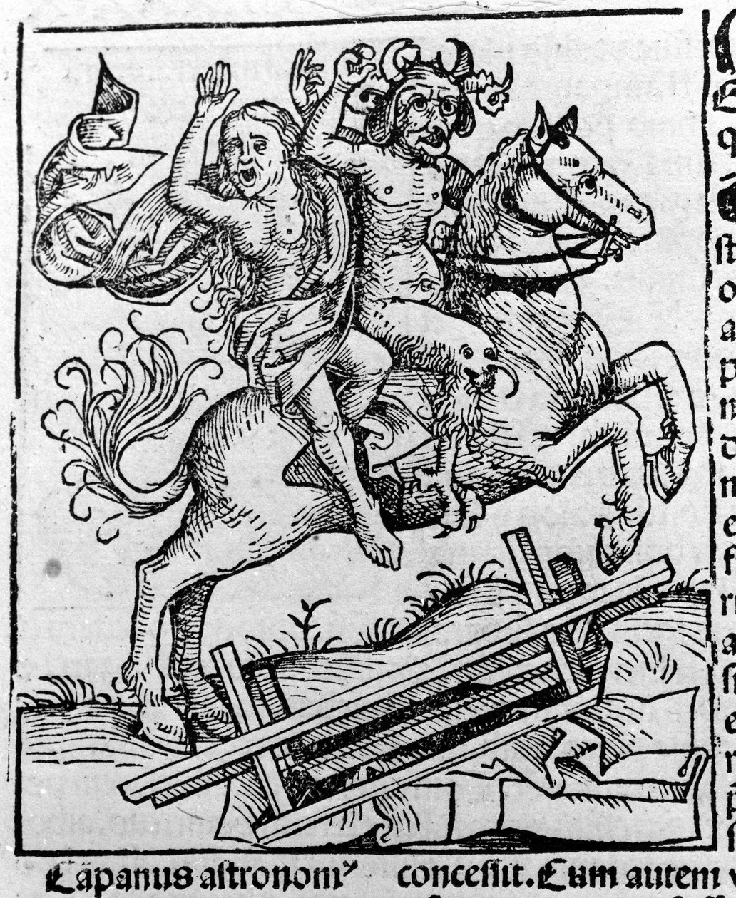Djävulen och en häxa som går för sabbaten av Hartmann Schedel Liber chronicarum Nürnberg 1493 av Michael Wolgemut or Wolgemuth