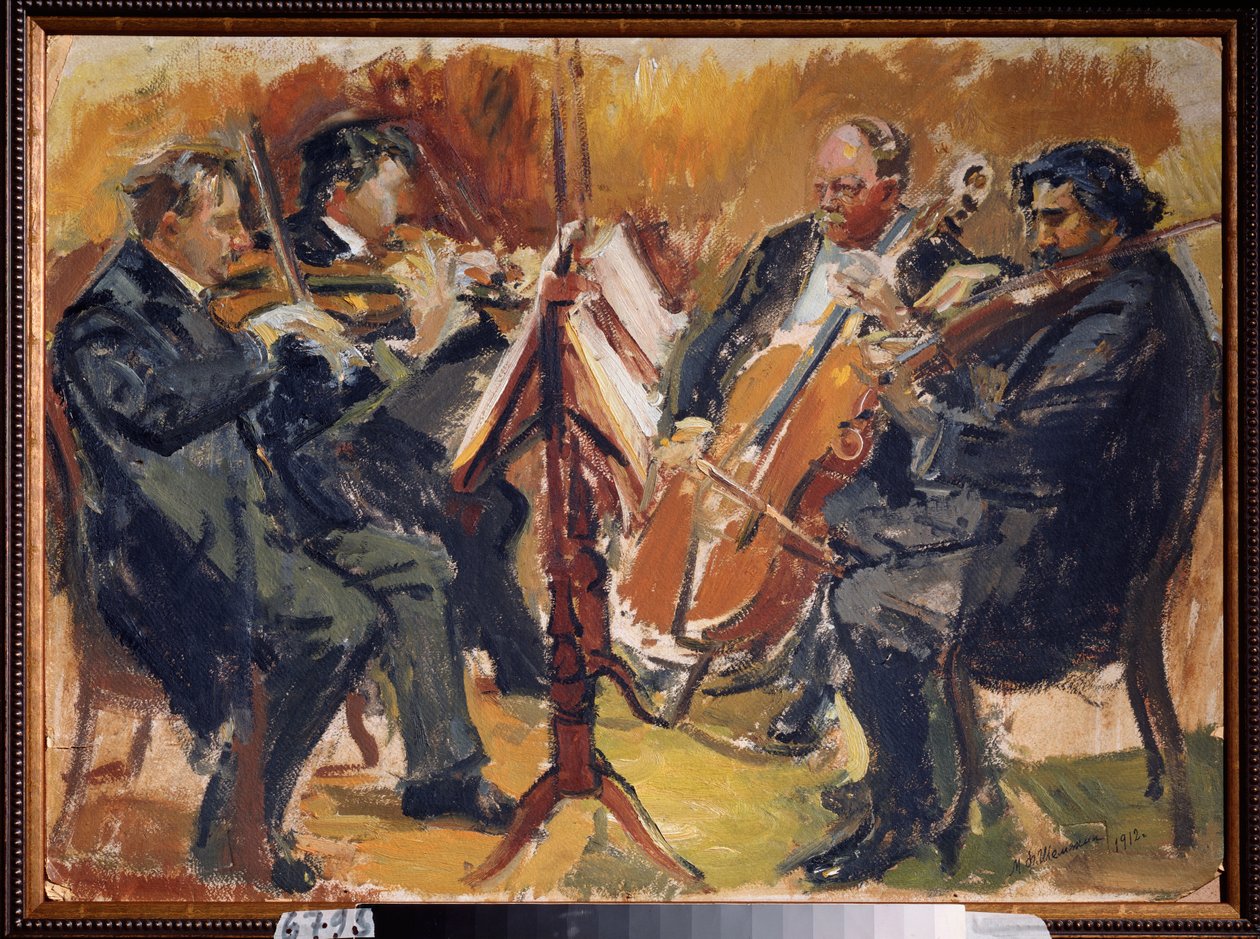 Den tjeckiska kvartetten av kompositören Sergei Taneyev, 1912 (olja på kartong) av Michail Fyodorovich Shemyakin