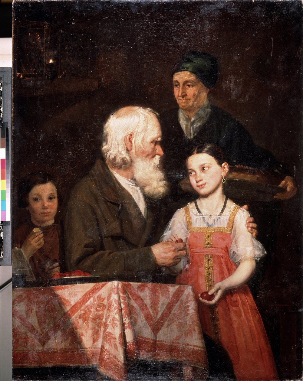påsk. En gammal man ger ägg färgade röda till sitt barnbarn, mormodern tar med sig en traditionell påskbrioche. Målning av Michail Andreevich Mokhov (1819-1903), olja på duk av Michail Andreevich Mokhov