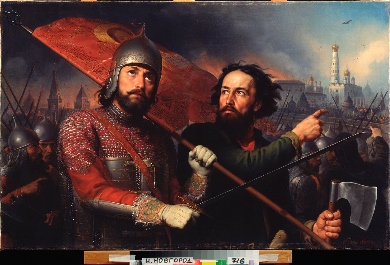 Det nationella upproret av Kuzma (Kuzma eller Kozma) Minin (död 1616) och greve Dmitri Pozharsky (Pozharsky) (1577-1642) (Moskvas befrielse från polsk ockupation 1612) - Kuzma Minins och greve Dmitrijs nationella uppror - Målning av Michail Ivanovich Skotti