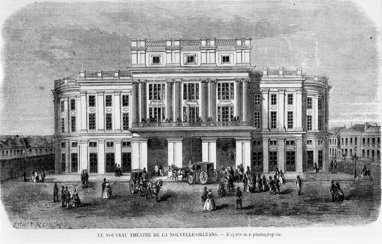 Den nya teatern i New Orleans, graverad efter ett fotografi, 1859 av Michel C. and Gaildrau, Jules Fichot