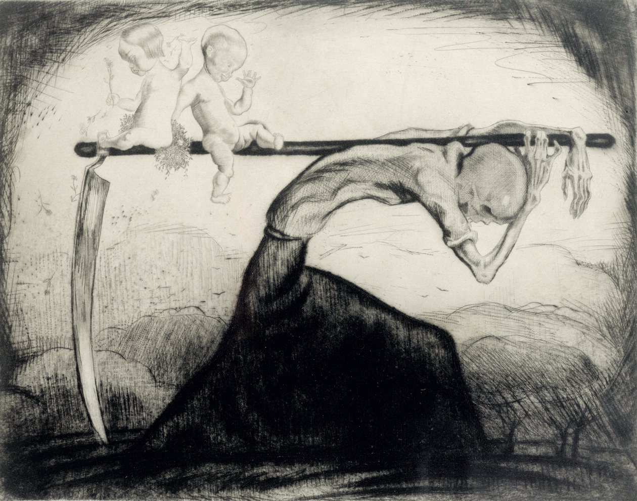 Döden med två barn på sin lie, 1915 (etsning på papper) av Michel Fingesten