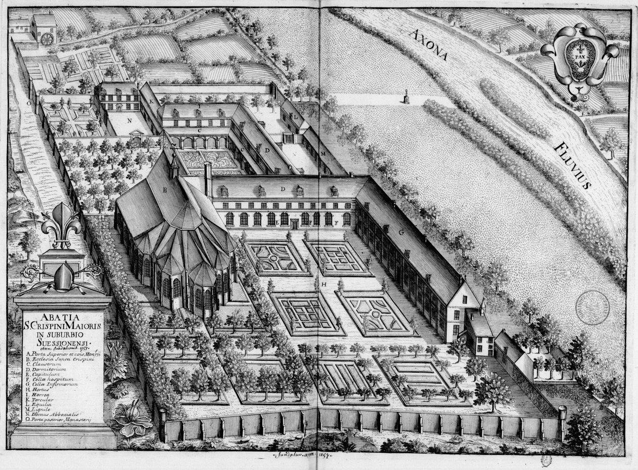Graverad plåt från 1600-talet som representerar klostret Saint-Crépin-Le-Grand de Soissons, i boken Monasticon Gallicanum av Michel Germain