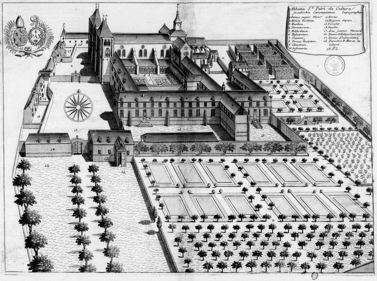 1600-tals graverad tallrik som representerar klostret Saint-Pierre de la Couture i Le Mans, av Michel Germain
