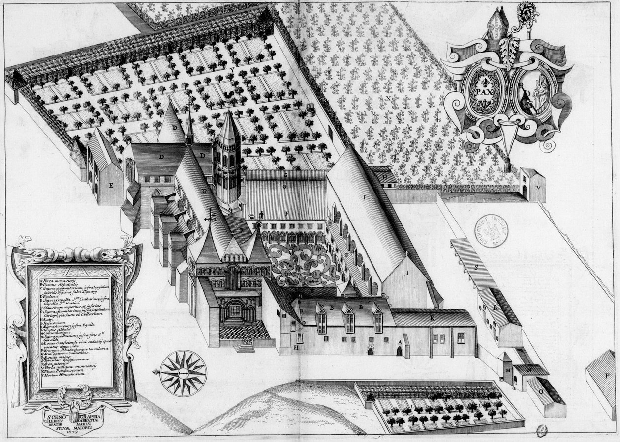1600-talets graverade tallrik som representerar klostret La Sauve-Majeure, i Frankrike, från boken Monasticon Gallicanum av Michel Germain
