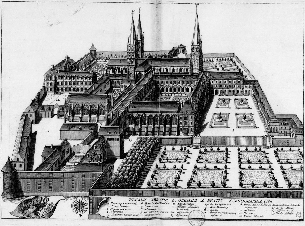 Platta från 1687 som visar klostret St Germain des Prés i Paris. av Michel Germain