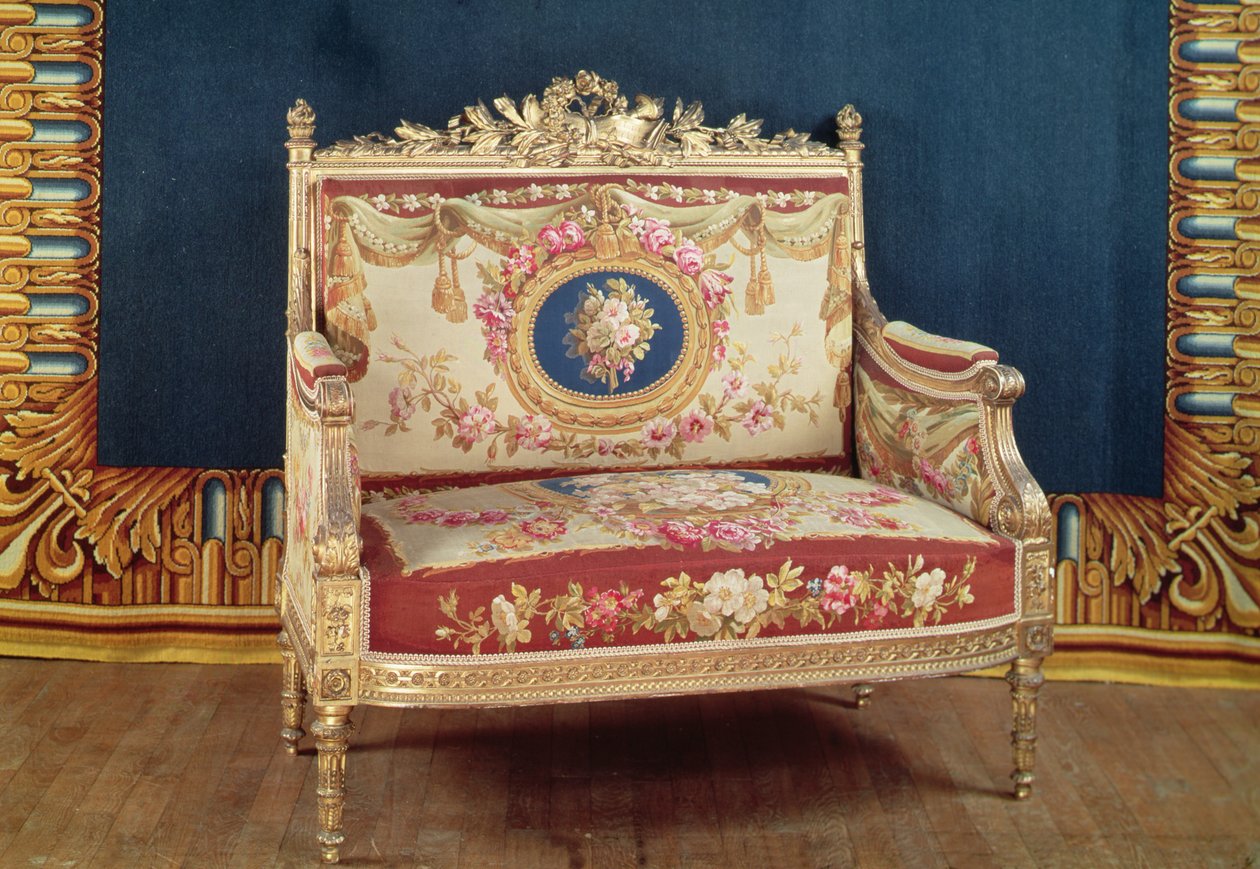 Louis XVI stil kärleksstol för salongen i Chateau de Saint-Cloud, 1855 (trä & gobeläng) av Michel Victor Cruchet