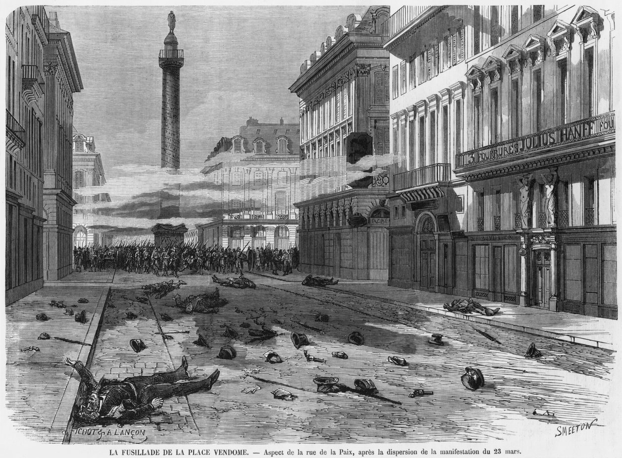 Skottlossning från Place Vendome, efter att demonstrationen i rue de la Paix, Paris, graverats av Burn Smeeton (fl.1840-60) 23 mars 1871, spridits av Michel and Lancon, Auguste Fichot