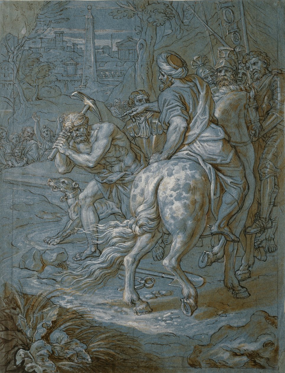 Första spadtaget för uppförandet av korset, ca 1680 (penna och brunt bläck med tvätt och gouache på papper) av Michel des Gobelins Corneille