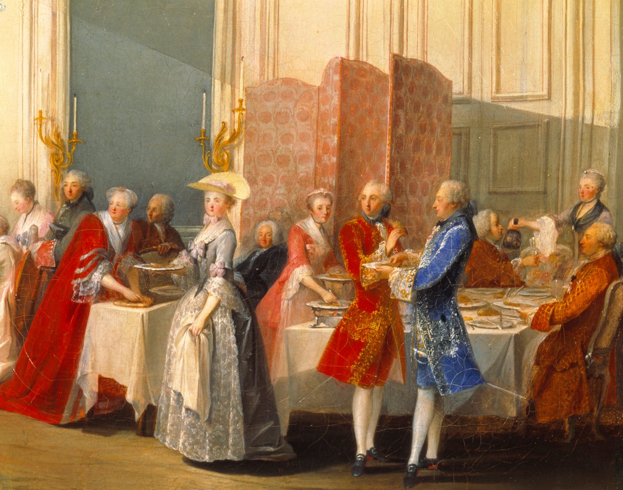 Buffé med gäster bredvid en skärm. Detalj av "" Le The a l"engelsmannen serverade i Salon des Quatre-Glaces av Michel Barthelemy Ollivier or Olivier