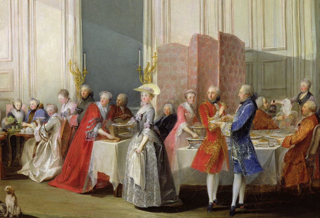 Engelskt te i Salon des Quatre Glaces vid Prince de Contis hus (1717-76) Palais du Temple, detalj av gästerna, 1766 av Michel Barthelemy Ollivier or Olivier