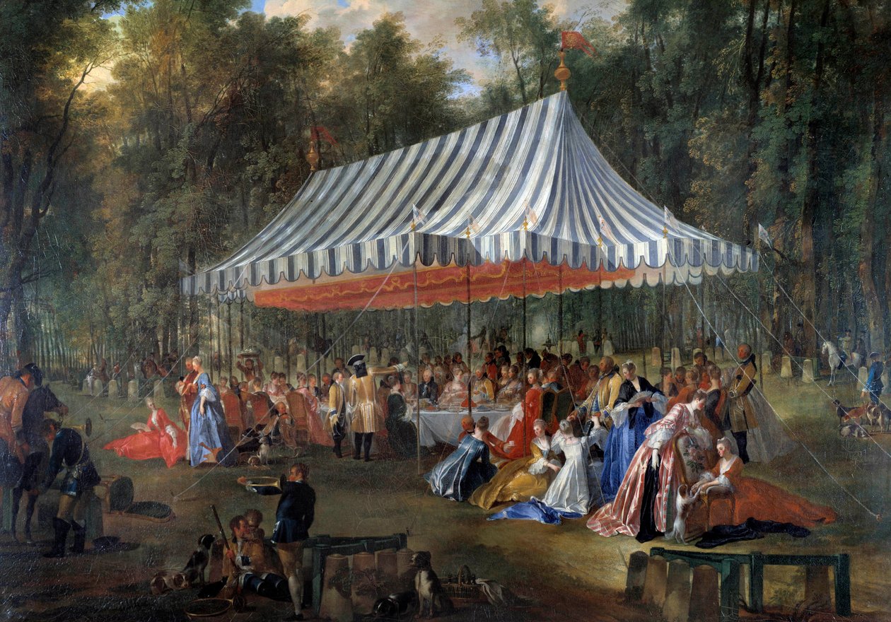 Fest ges av Louis Francois Joseph de Bourbon, prins av Conti till arvprins Charles Guillaume Ferdinand av Brunswick Luebourg (1735-1806), under tältet, i skogen Cassan, på Isle Adam 1766 Bankett i parken. Målning av Michel Ba av Michel Barthelemy Ollivier or Olivier