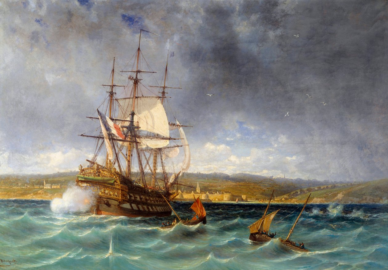 Veteranen kommer in i hamnen i Concarneau Detalj. Målning av Michel Bouquet (1807-1890) 1800-talets Brest, Musee des Beaux Arts av Michel Bouquet