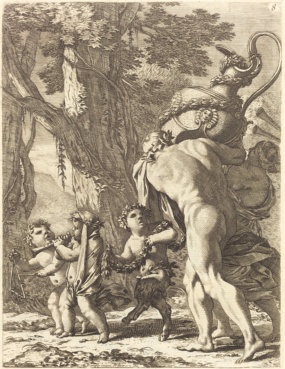 Bacchanal med figurer som bär en vas av Michel Dorigny
