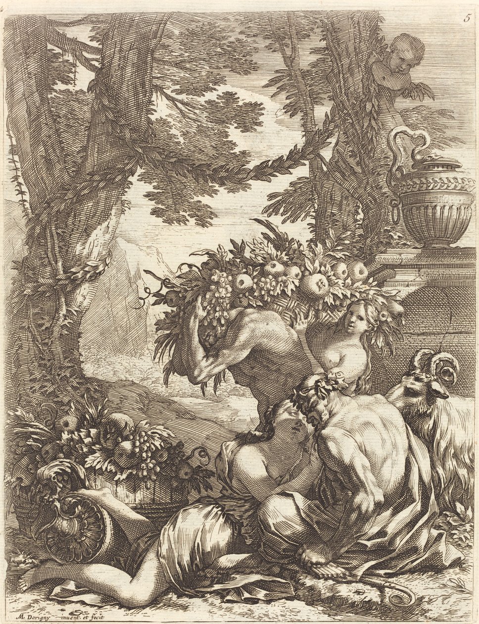 Faun som omfamnar en Bacchante av Michel Dorigny
