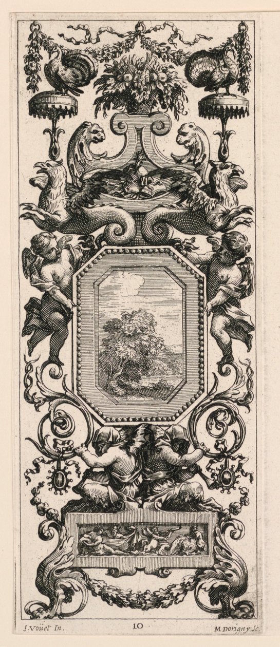 Prydnadspanel med en korg med blommor och en krans, skylt 10 från Book of Diverse Grotesques målad i Reyne Regentes kabinett och bad, vid Kungliga slottet av Michel Dorigny