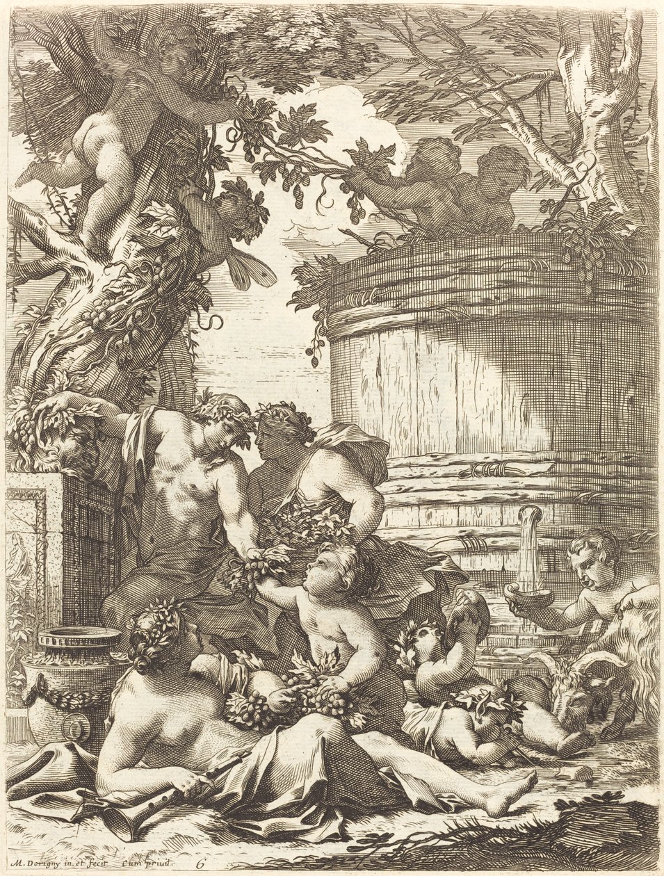 Putti med vindruvor och en sittande Bacchante av Michel Dorigny