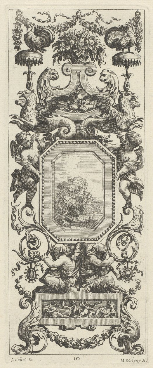 Prydnadspanel med en korg med blommor och en krans av Michel Dorigny, after Simon Vouet