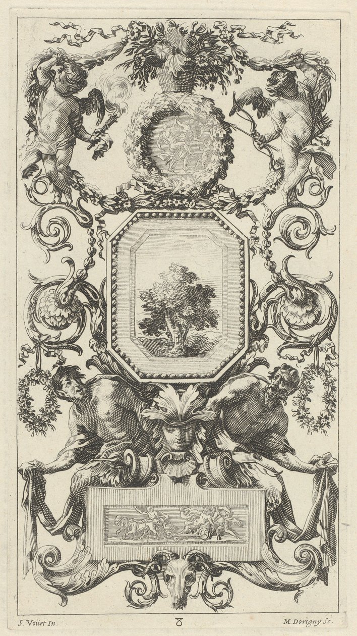 Prydnadspanel befäst av en korg med blommor med Amor och mödomshinna av Michel Dorigny, after Simon Vouet