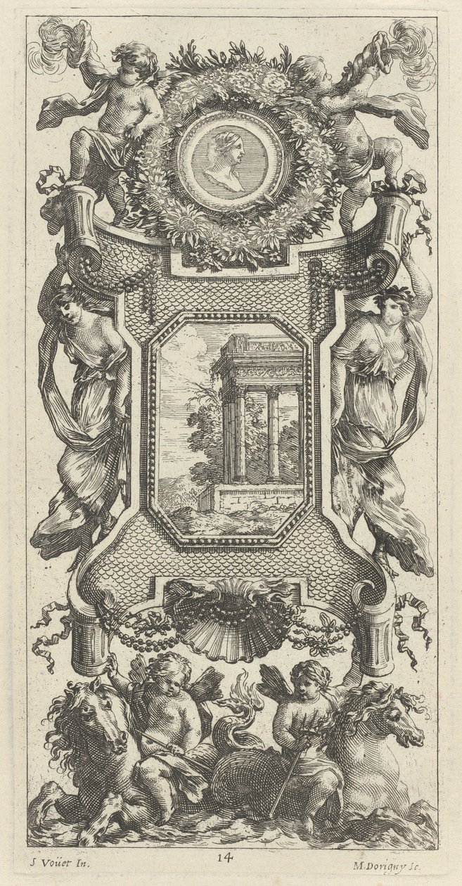 Prydnadspanel befäst av en byst av en kvinna och två putti med flammande trumpeter av Michel Dorigny, after Simon Vouet
