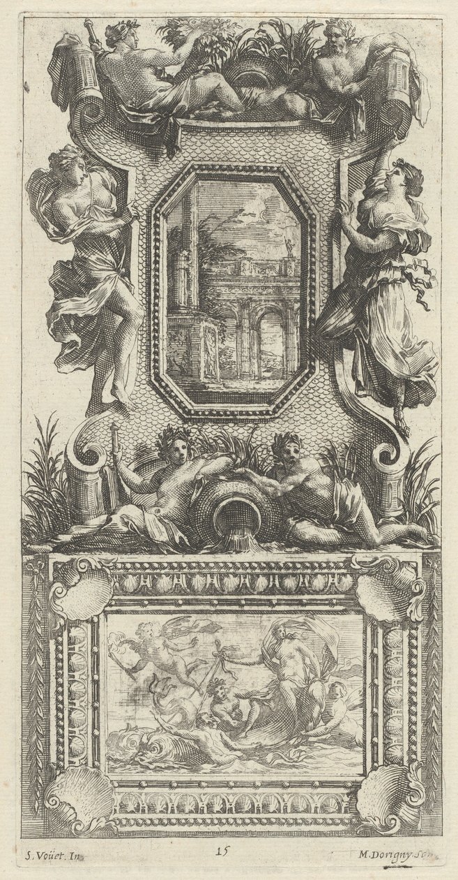 Prydnadspanel med en Naiad och en flodgud av Michel Dorigny, after Simon Vouet