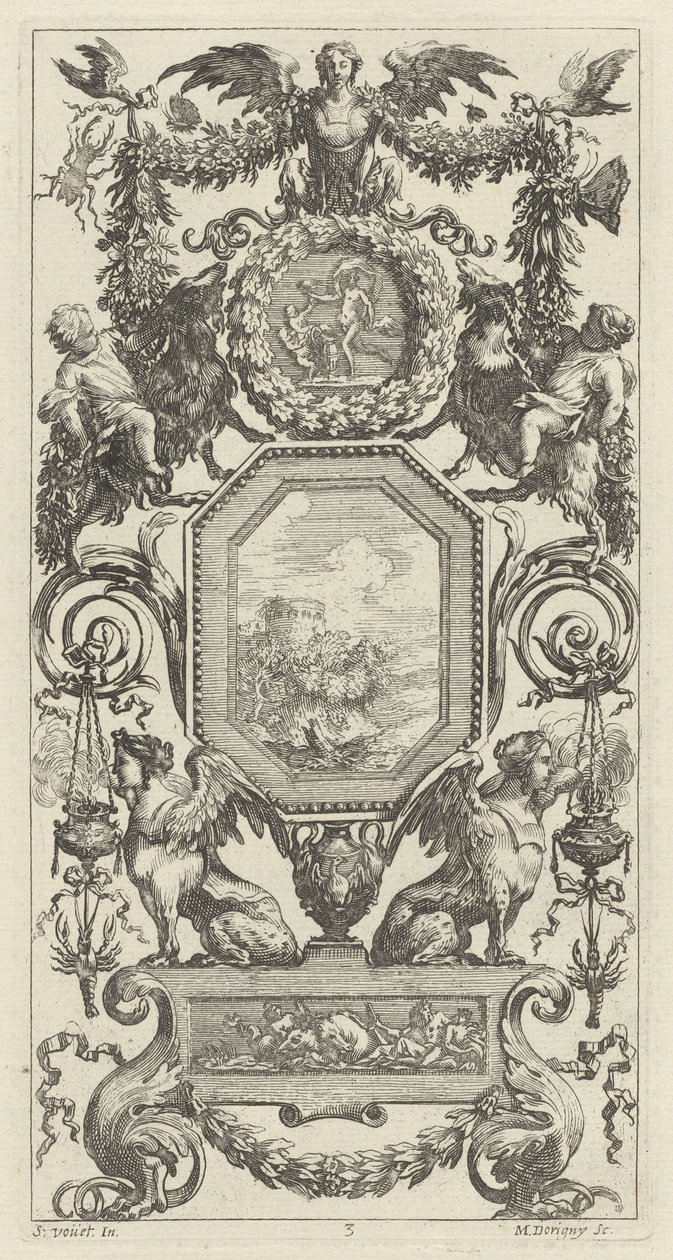 Prydnadspanel befäst av en bevingad harpy av Michel Dorigny, after Simon Vouet