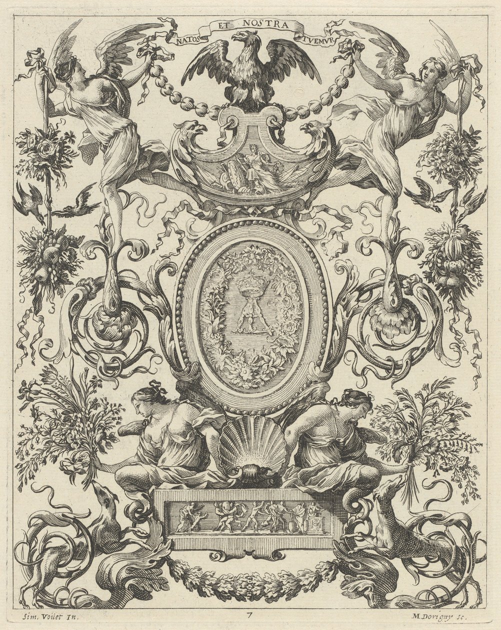 Prydnadspanel befäst av en örn och mottot NATOS ET NOSTRA TUEMUR av Michel Dorigny, after Simon Vouet