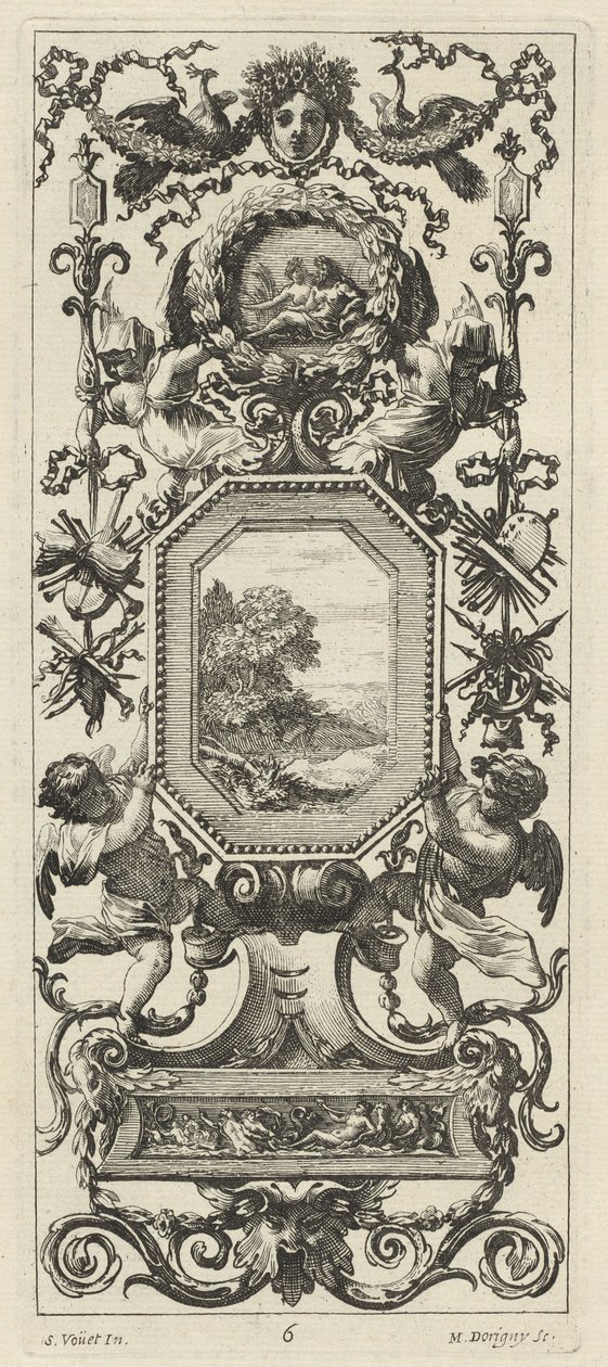 Prydnadspanel befäst av det krönta huvudet av en kvinna och två påfåglar av Michel Dorigny, after Simon Vouet