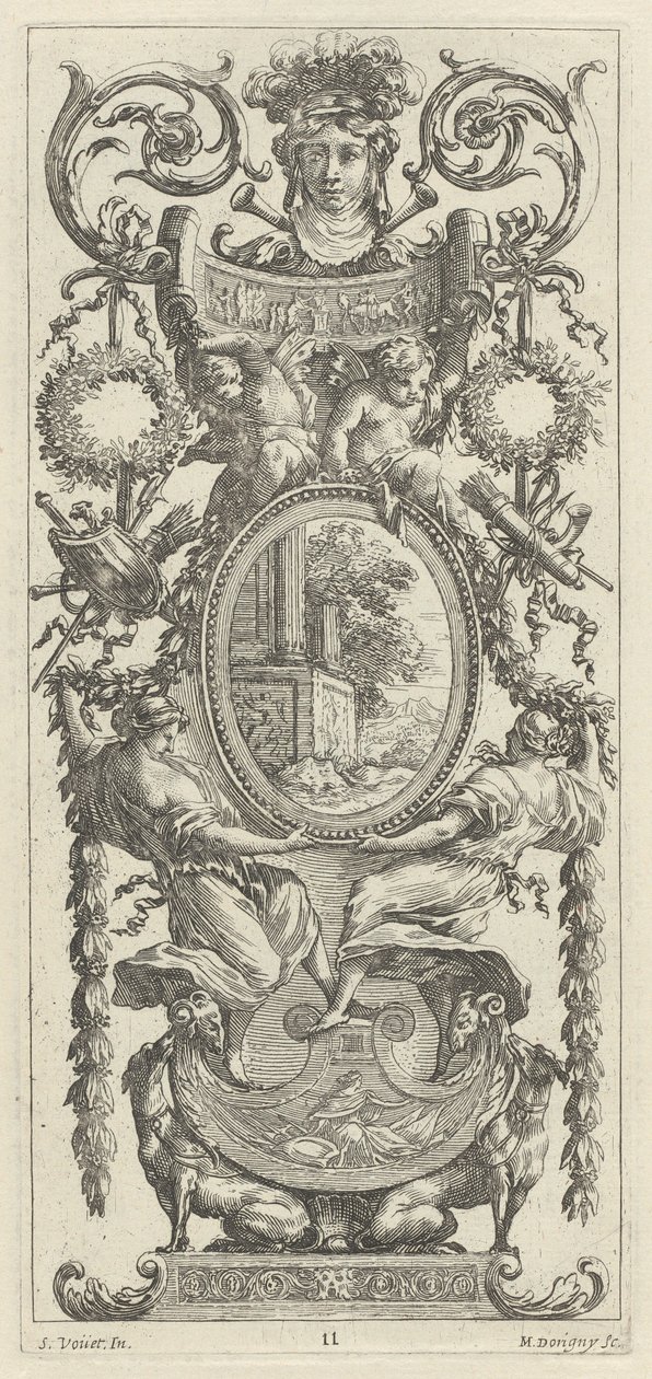 Prydnadspanel med ett huvud flankerat av lövverk av Michel Dorigny, after Simon Vouet