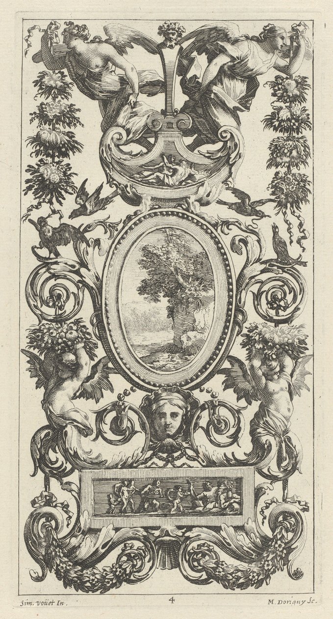 Prydnadspanel med panna och två kransbärande kvinnor av Michel Dorigny, after Simon Vouet