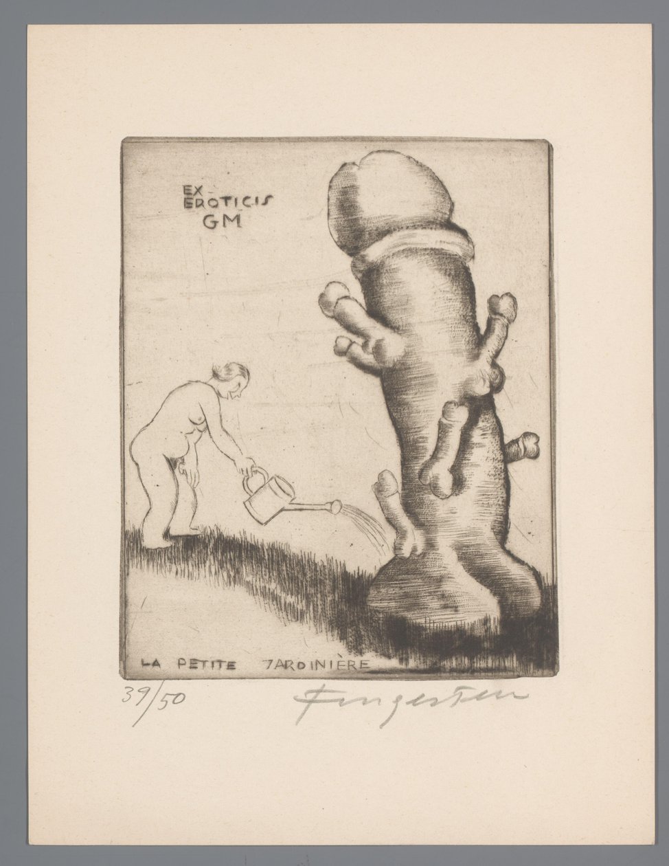 Ex libris av Gianni Mantero Ex eroticis GM (titel på objekt) La petite jardinière (titel på objekt) av Michel Fingesten (signed by artist)