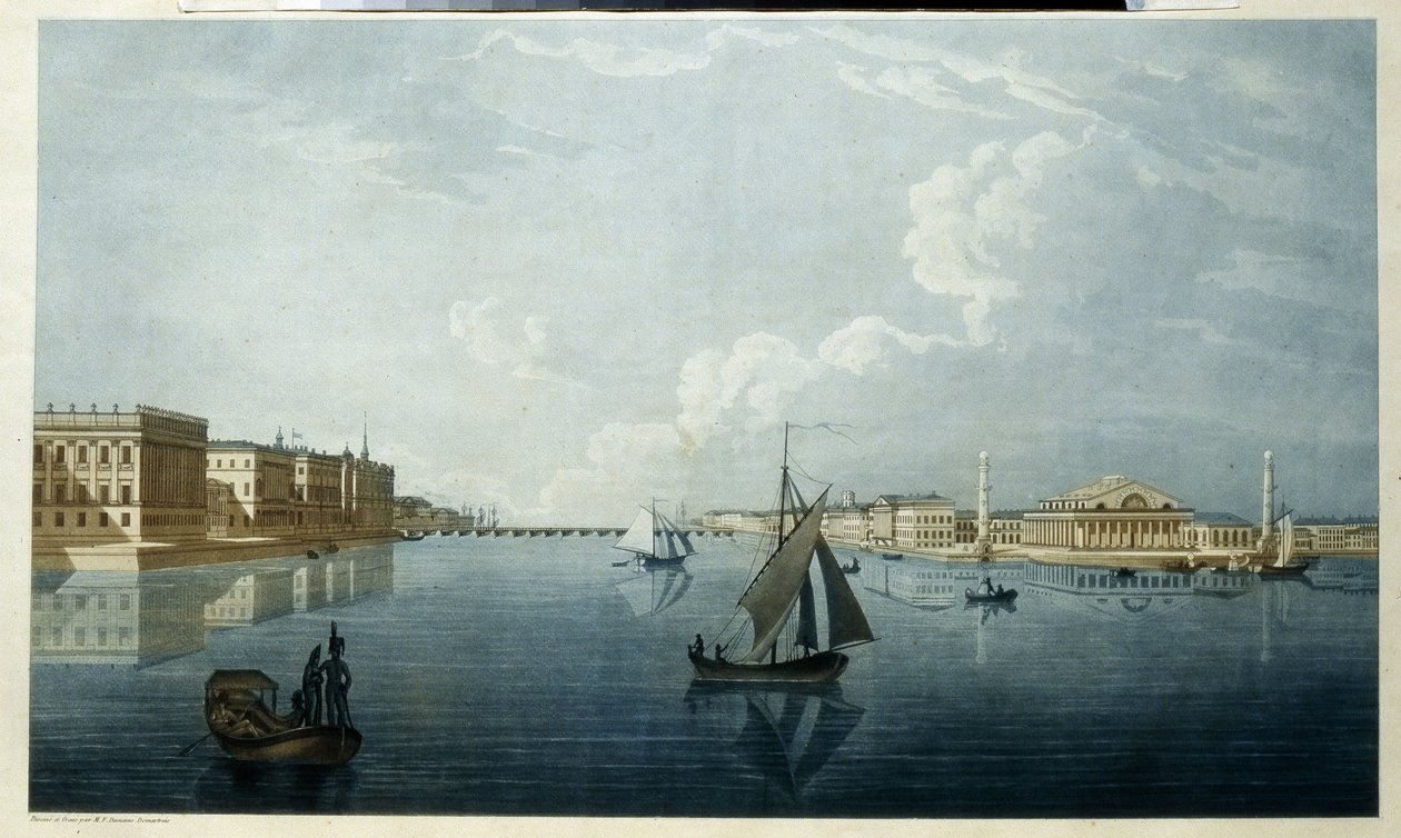 Börsen och Marmorpalatset i Sankt Petersburg. Beskrivning av Nevas stränder. Verk av Michel Francois Damam Demartrait (1763-1827), litografi, miljö av Michel Francois Damam Demartrait