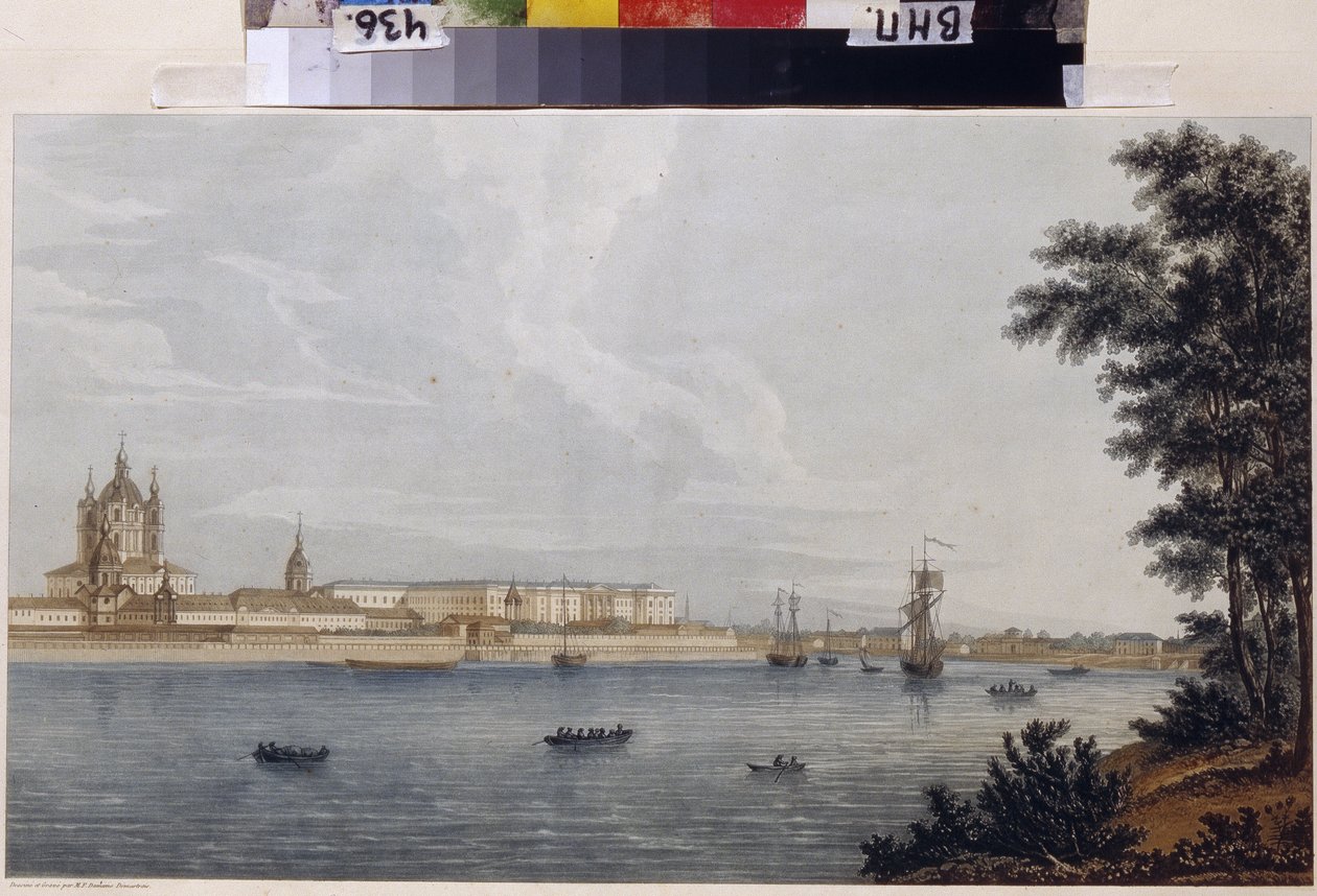Smolny-klostret i Sankt Petersburg. Verk av Michel Francois Damam-Demartrait (Damam Demartrait) (1763-1827), gravyr och akvarell av Michel Francois Damam Demartrait