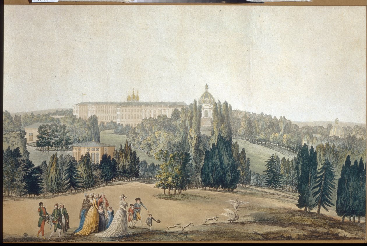 Utsikt över Tsarkoye Selo (Sankt Petersburg). Kejsarinnan Katarina II:s strandpromenad (1729-1796). (Utsikt över Tsarkoye Selo. Kejsarinnan Katarina II går). Verk av Michel Francois Damam Demartrait (1763-1827), gravyr och akvarell. fransk konst av Michel Francois Damam Demartrait